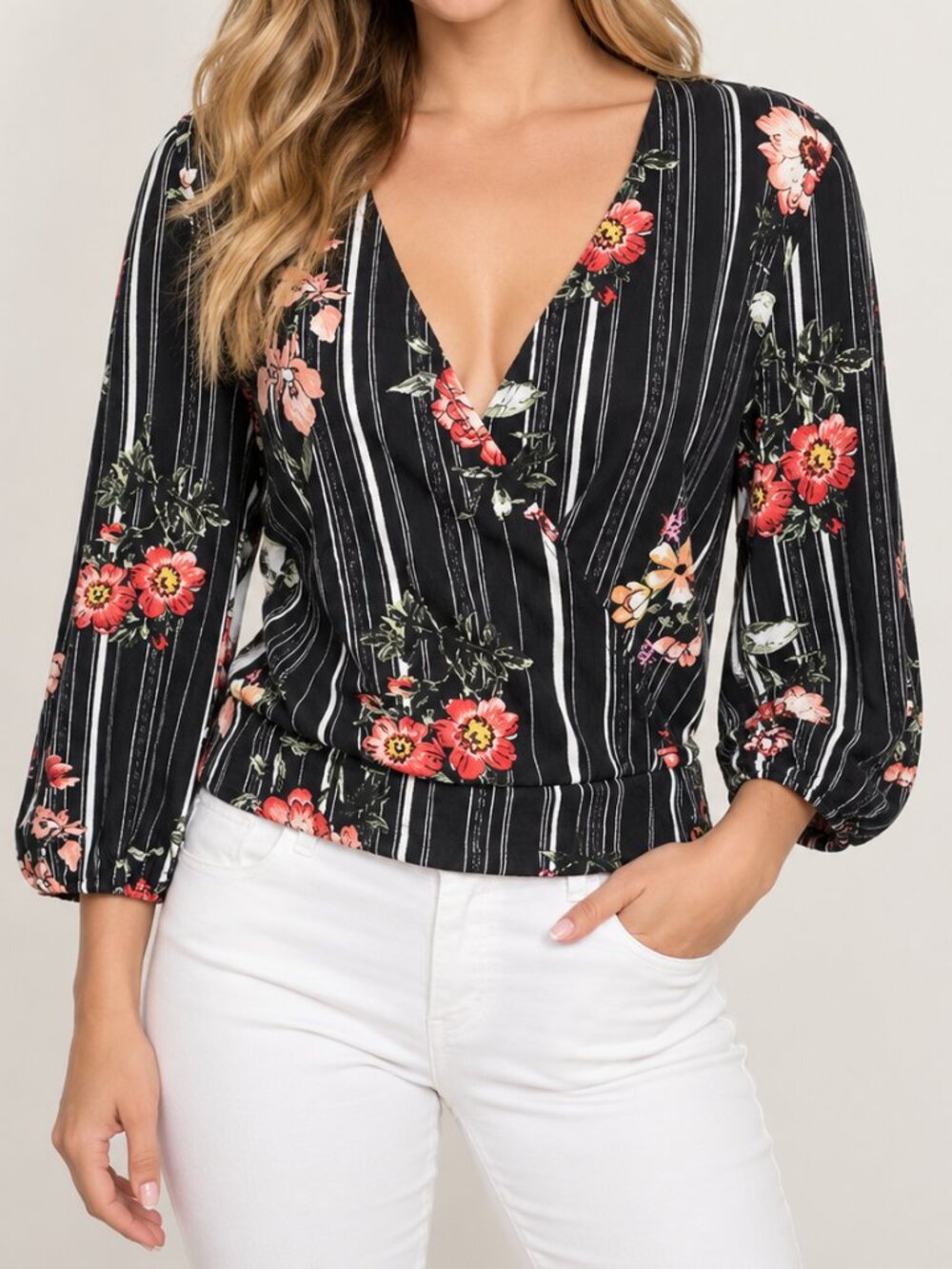 Y2K Floral Striped Wrap Surplice Blouse Black V-Neck Long Sleeve Boho Chic Large
